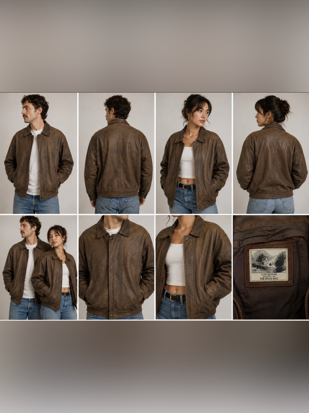 Vintage Brown Distressed Leather Bomber Jacket Large Unisex Grunge Workwear